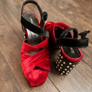 Zara Red and Black Velvet Platform Heels